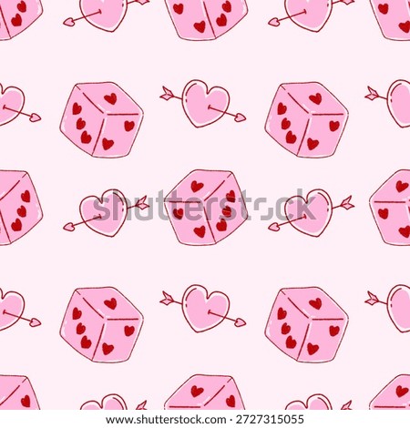 Repeating pattern of pink dice and hearts with arrows on white background, symbolizing love and chance.