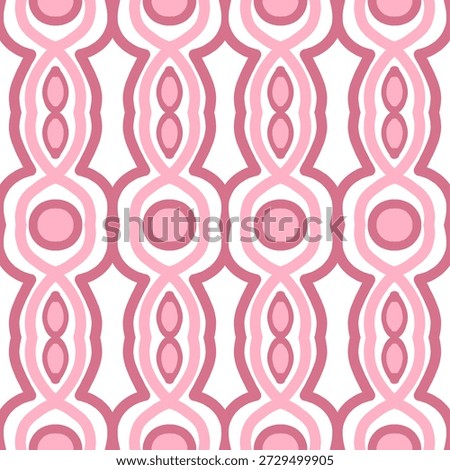 Repeating pattern of pink and white abstract shapes on a white background, creating a visually appealing design.