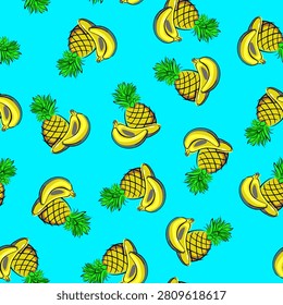A repeating pattern of yellow pineapples on a bright turquoise background