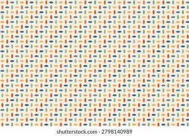 A repeating seamless pattern featuring tiny vertical oval shapes in various colors like blue orange and yellow arranged in a grid formation on a light cream colored background surface