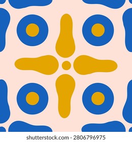 Repeating square block geometric design with expressive petal shapes, Mediterranean folk aesthetics, decorative surface vector illustration