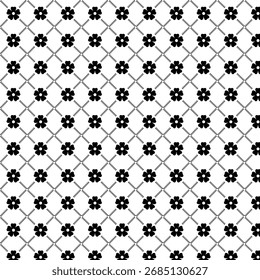 A repeating, symmetrical pattern featuring small dark floral motifs set against a background of fine, intersecting geometric lines.