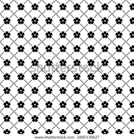 A repeating, symmetrical pattern featuring small dark floral motifs set against a background of fine, intersecting geometric lines.