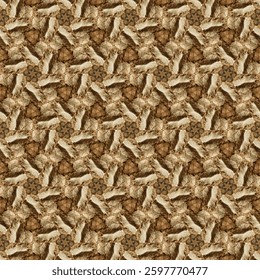 A repeating, woven pattern with earthy tones and a textured surface, creating an intricate, interlocking design.