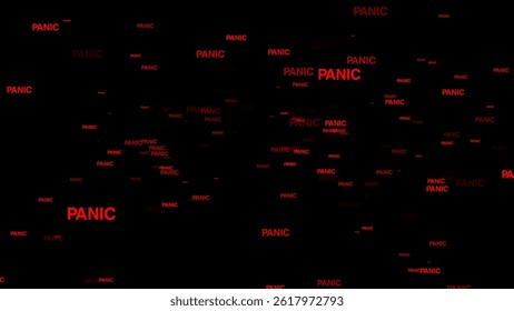 Repetitive red panic words float in an empty black void, conveying confusion and psychological intensity through contrast and abstract form