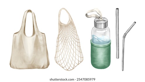 Replacing Single-Use Items with Reusables: Shopper Bags, Tote Bags, Reusable Bottles, and Metal Straws. Watercolor Illustration Isolated on White Background - Powered by Shutterstock