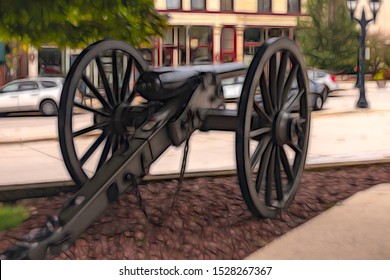 Replica Cannon From The American Civil War (1861-1865) On Permanent Display In A Midwestern Town Square, With Digital Painting Effect, For Historical, Military, And Civic Themes 