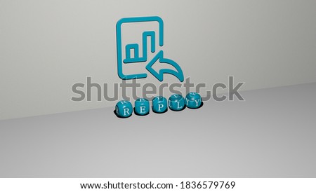 reply 3D icon on the wall and text of cubic alphabets on the floor, 3D illustration
