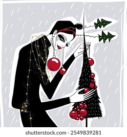 A reportage-style sketch in black, white, and red of a fashionable woman decorating a sleek, modern Christmas tree. Black outline, minimalist palette, capturing elegance and contemporary holiday style - Powered by Shutterstock