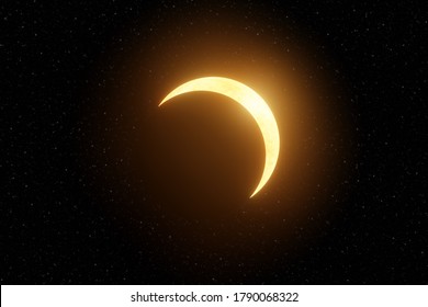 Representation of an advanced partial solar eclipse on a space background with stars. 3D illustration