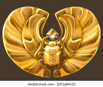 Representation of an Egyptian scarab amulet. The ancient Egyptians saw the winged beetle as a symbol of renewal and rebirth. 3D illustration isolated on dark background 