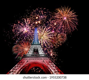 Representation of Eiffel Tower, distinctive symbol of the city of Paris, with big fireworks display in the background. 3D rendered illustration