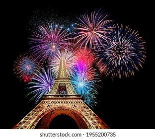 Representation of Eiffel Tower, Parisian landmark, with colorful fireworks display in the background. 3D rendered illustration