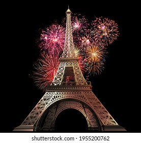 Representation of the Eiffel Tower, symbol of Paris, isolated on dark background with fireworks. 3D rendered illustration