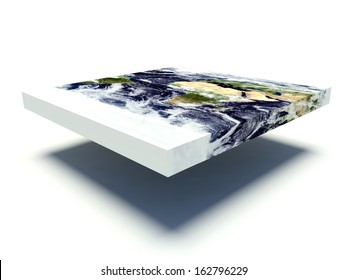 Representation Of A Flat Earth Model On White Background With Shadow. 3d Render. Elements Of This Image Furnished By NASA. 