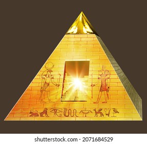 Representation of a golden Egyptian pyramid. 3D illustration isolated on dark background 
