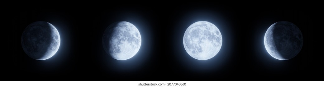 Representation the moon in four different lunar phases  Digital illustration  3D Rendering