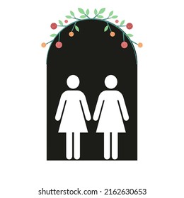 Representation Of Two Women Getting Married. Simple Vector Drawing Of A Lesbian Wedding, Shown By Two Female Figures Silhouette Under An Arch With Flowers.