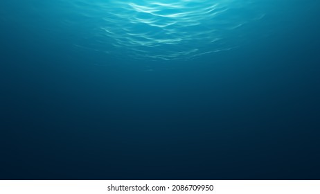 Representation of an underwater environment where light illuminates the waves on the surface. 3D Illustration