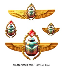 Representation of winged scarab beetles, symbol of rebirth and renewal to ancient Egyptians. 3D illustration isolated on white background 