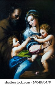 Reproduction Of The Holy Family, Madonna With A Rose. Oil Painting