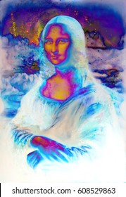 Reproduction Of Painting Mona Lisa By Leonardo Da Vinci In Cosmic Space.