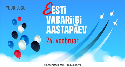 Republic of Estonia Independence Day (Eesti Vabariigi aastapäev), 24 February. Balloons in the colors of the Estonia flag and the air show. Horizontal greeting card, poster, web banner template.