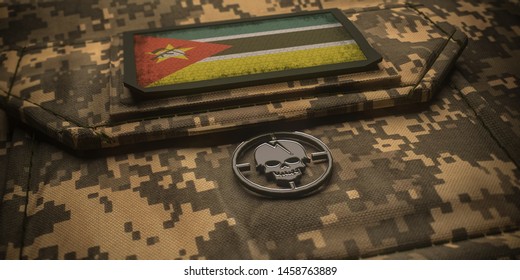 Republic Of Mozambique Army Chevron On Ammunition With National Flag. 3D Illustration