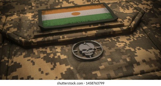 Republic Of The Niger Army Chevron On Ammunition With National Flag. 3D Illustration