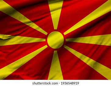 Republic of North Macedonia flag blowing in the wind. Background texture. Skopje. 3d Illustration. 3d Render.
