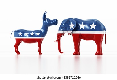 Republican and Democrat party political symbols elephant and donkey. 3D illustration.