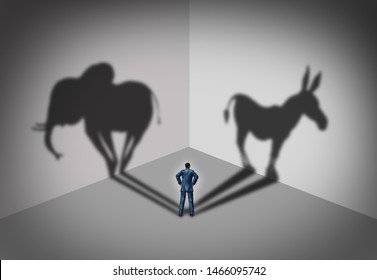 Republican And Democrat Voter Concept Of An American Election Political Identity Campaign Choice As Two United States Political Parties As An Elephant And Donkey In A 3D Illustration Style.