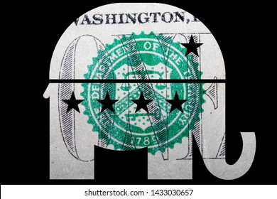 Republican Elephant, Money On A Black Background 