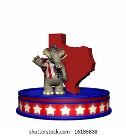 Republican Platform - Texas GOP Political Elephant Standing On A Red, White, And Blue Platform In Front Of A 3D Texas. Isolated On A White Background.