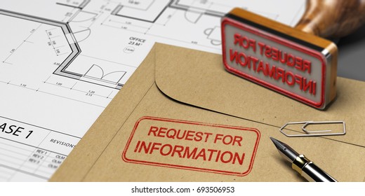 Request for information printed on a kraft envelop, with office supplies, rubber stamp and blueprint, RFI and construction concept. 3D illustration - Shutterstock ID 693506953