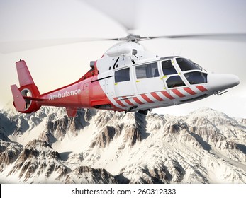 Rescue Helicopter In Flight Over Snow Capped Mountains With Motion Blur Blades. Photo Realistic 3d Scene