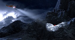 Rescue Helicopter Searches And Finds And Lights A Tent Camp In An Inaccessible Rocky Mountain Area Before A Storm At Night - 3d Illustration