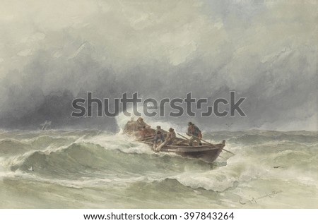 Rescue at Sea, by Jacob Eduard van Heemskerck van Beest, c. 1850-90, Dutch watercolor painting. Six man rowboat pulls a seaman abroad in storm blown open sea