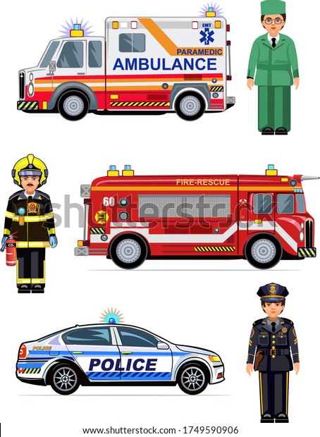Rescue Vehicles: Fire Engine, Ambulance Cars.\
 Paramedic and\
firefighter
