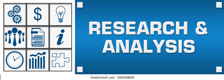 Research and analysis concept image with text and related symbols.