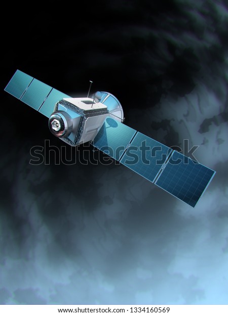 Research satellite orbiting around the\
exoplanet. 3d\
illustration.