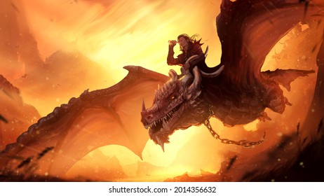 A researcher with a telescope is flying astride a huge spiked dragon released from its shackles, against the background of an epic yellow-orange sunset. 2d illustration in a dynamic perspective