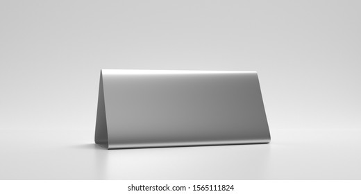 Reservation Concept. Table Tent Blank, Reserved Card Sign Template Isolated Against White Background. Metal Aluminum Silver Color, Copy Space. 3d Illustration