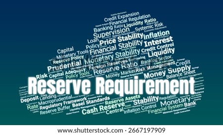 Reserve Requirement Word Cloud. Composition Of Terms Related To Monetary Tools, Credit, Interest, Inflation, Risk, And Central Bank Policy In Financial Regulation.