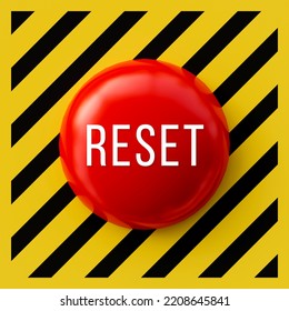 Reset button with red color isolated on black and yellow striped background. 3D Rendering