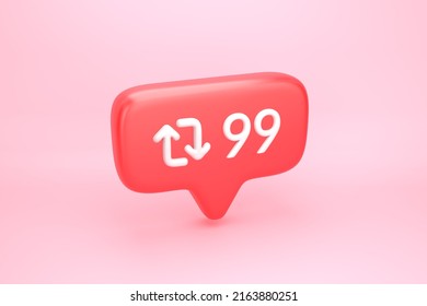 Reshare arrows loop symbol with number 99 on social media notification icon. Repost, share and quote reply sign. 3D illustration