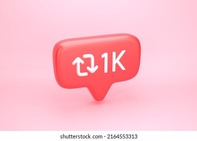 Reshare arrows loop symbol with number 1K on social media notification icon. One thousand repost, share and quote reply sign. 3D illustration