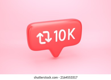Reshare arrows loop symbol with number 10K on social media notification icon. Ten thousand repost, share and quote reply sign. 3D illustration