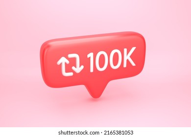 Reshare arrows loop symbol with number 100K on social media notification icon. One hundred thousand repost, share and quote reply sign. 3D illustration