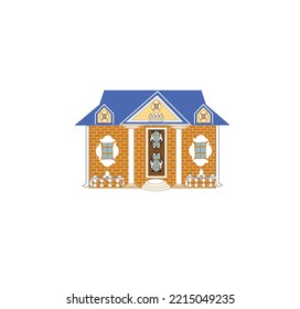 Residential Brick House With A Blue Roof And Decorative Trim